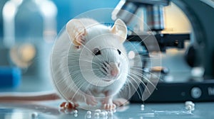 White Lab Mouse Navigating a Scientific Research Environment Under a Microscope