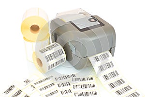 White label rolls, printed barcodes and printer isolated on white background with shadow reflection. photo