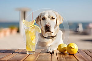 A white labrador dog is relaxing on the beach with a cocktail. Resort holiday concept. Generative AI