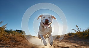 White labrador retriever running on dirt road in sunny day