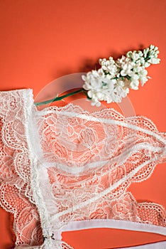 White lace bra on a coral background. Female underwear for the bride with delicate flowers on an orange background