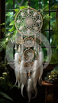 A white lace dream catcher featuring a constellation of pinprick LED lights