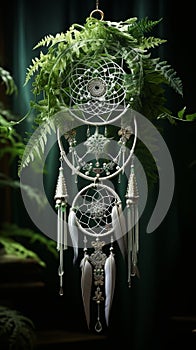 A white lace dream catcher featuring a constellation of pinprick LED lights