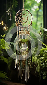 A white lace dream catcher featuring a constellation of pinprick LED lights, contrasted by a lush forest-green background