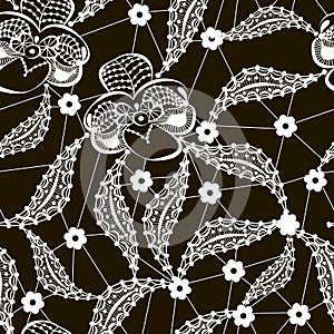 White lace floral seamless pattern on black