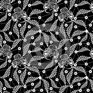 White lace floral seamless pattern on black