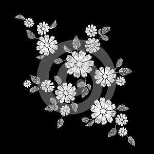 White lace flower embroidery patch. Fashion decoration stitched texture template. Ethnic traditional daisy field plant