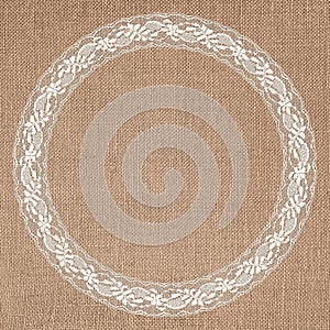 White Lace Frame on Brown Burlap Texture