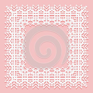 White lace frame of square shapes. Openwork edges of the napkin isolated on a pink background