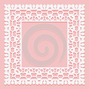 White lace frame of square shapes. Openwork vintage elements isolated on a pink background