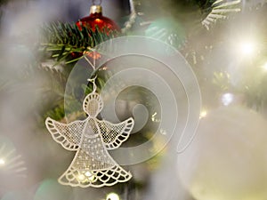 White lacy angel ornament. Christmas card.