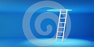 White ladder through hole in the ceiling on blue room background, modern minimal business success or solution concept