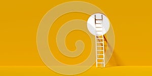 White ladder through hole in the wall on orange background, modern minimal business success or solution concept, copy space