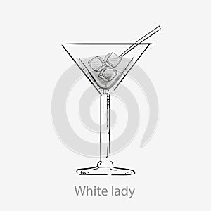 White lady cocktail. White cocktail ice cubes straws long drink alcohol gin.