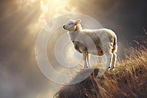 A white lamb stands on a hill in the rays of the sun, a symbol of Judaism