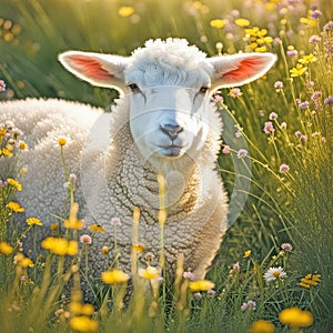 White Lamb In A Wildflower Meadow