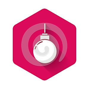 White Lamp hanging icon isolated with long shadow background. Ceiling lamp light bulb. Pink hexagon button. Vector