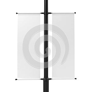White Lamp Post Banner Mockup, blank advertisment 3d Rendering isolated on white background