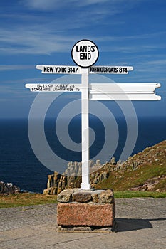 White Land's end directional sign over sea