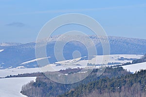 Snowy scenery of forests and hills in winter in High Tatras Slovakia