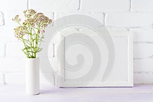 White landscape frame mockup creamy pink flowers in cylinder vase