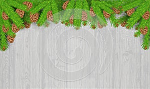 White landscape silhouette on vintage gray wood background with fir tree branch