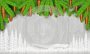 White landscape silhouette on vintage gray wood background and fir tree branch and cones