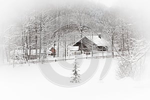 White landscape: snowy house in the woods