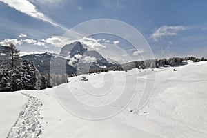 White landscape of Val Gardena, in the Dolomites photo