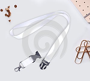 White Lanyard Neck Strap with Metal Lobster Clip and Safety Breakaway Clasp for mockup photo