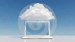 White laptop with cloud on blue sky background