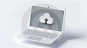 White Laptop Displaying Cloud Upload Icon on Grey Screen