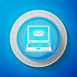 White Laptop with envelope and open email on screen icon isolated on blue background. Email marketing, internet