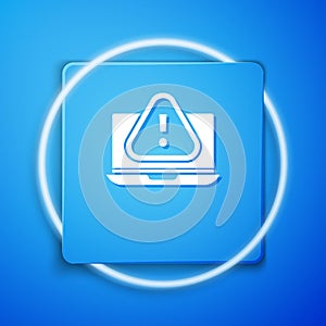 White Laptop with exclamation mark icon isolated on blue background. Alert message smartphone notification. Blue square button.