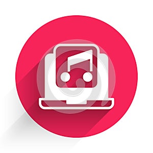 White Laptop with music note symbol on screen icon isolated with long shadow background. Red circle button. Vector