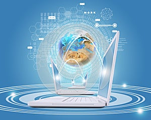 White laptops are connected to network. Earth and