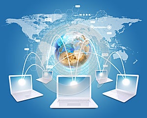 White laptops are connected to network. Earth,