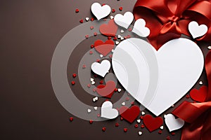 White large heart, decorated with tiny red white hearts and red bows. Dark background.Valentine\'s Day banner with space for