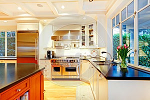 White large luxury kitchen with huge stove and refrigerator.