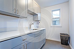 White laundry room with pale gray shaker cabinets