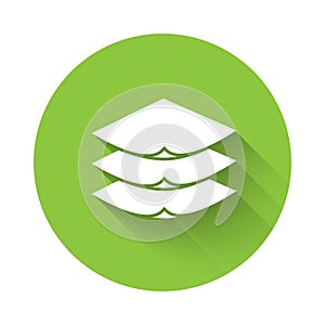 White Layers clothing textile icon isolated with long shadow. Element of fabric features. Green circle button. Vector