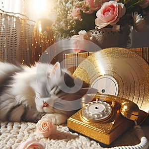 A white lazy cat sleeps near a gold vintage phone. Retro style