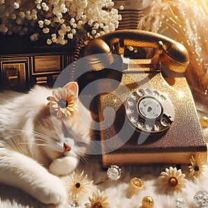 A white lazy cat sleeps near a gold vintage phone. Retro style