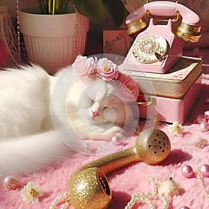 A white lazy cat sleeps near a gold vintage phone. Retro style