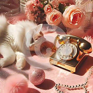 A white lazy cat sleeps near a gold vintage phone. Retro style