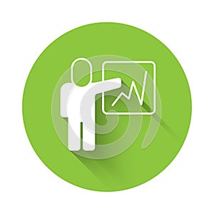 White Leader of a team of executives icon isolated with long shadow background. Green circle button. Vector