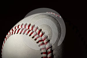 A white leather baseball on a black background