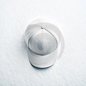 White leather baseball cap on fresh snow