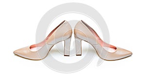 White leather high heels isolated on white background. White high heel women shoes on white background. White shoe for