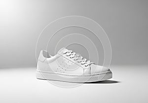 White leather sneaker with simple design. Features include seven eyelets for laces, minimalistic
